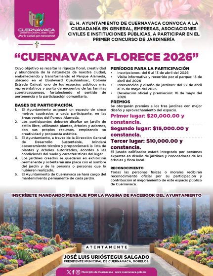 B1079 09/04/26 INVITA JOSÉ LUIS URIÓSTEGUI A LA CIUDADANÍA A TRANSFORMAR EL PARQUE ALAMEDA CON “CUERNAVACA FLORECE 2026”